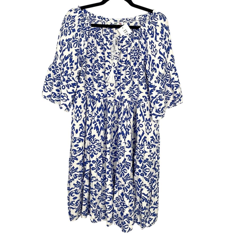 Chic Blue and White Patterned Midi Dress